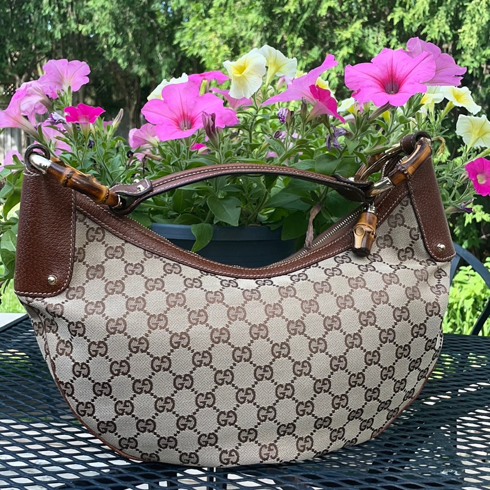 Gucci Brown Beige GG Canvas Bamboo Handle Shoulder Bag